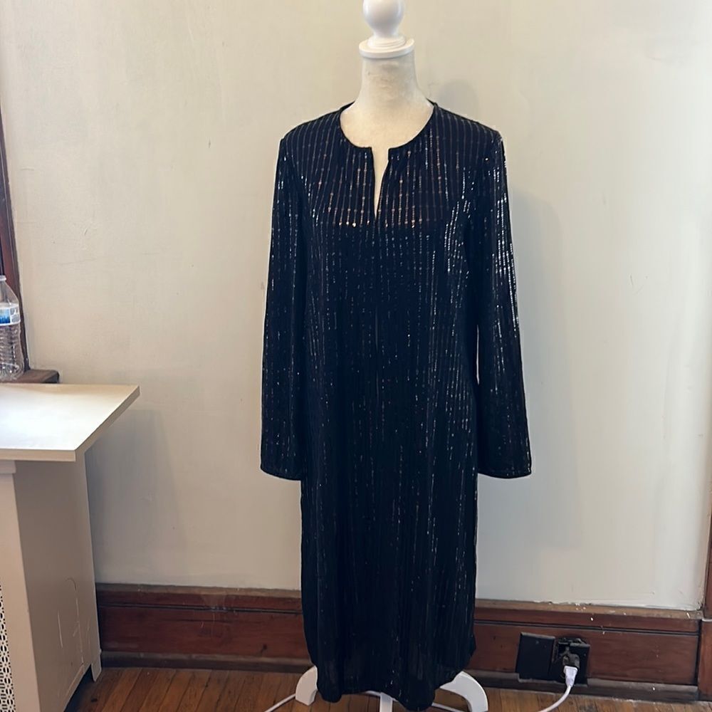 Anne Klein long black sequined open jacket Size S New